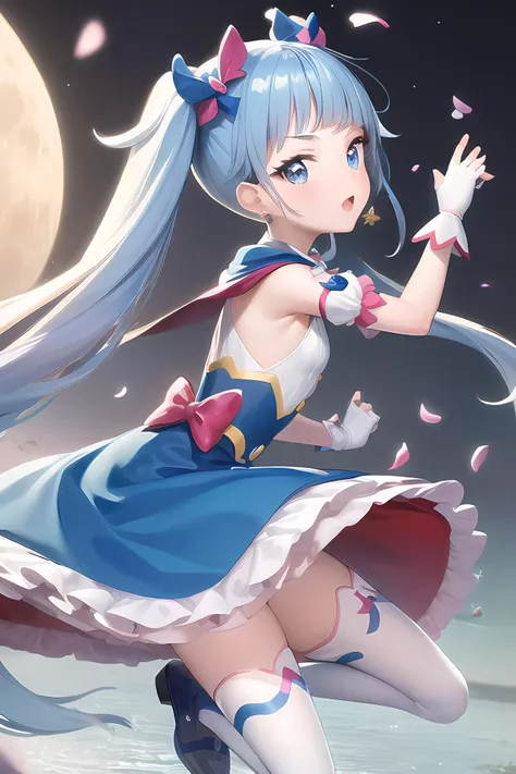 masterpiece, best quality,1girl,
<lora:locon_cure_sky_1:1>, cure sky,
dress, twintails, gradient hair, ahoge, blunt bangs:1.5, head wings, fingerless gloves, white shirt, puffy detached sleeves, cape, thighhighs, blue legwear, gem, single earring,flat chest,
(masterpiece, top quality, best quality, official art, beautiful and aesthetic:1.2), ((full moon,)) night sky, clouds, petals, flower trees, flowers fill screen, from side
water eye,