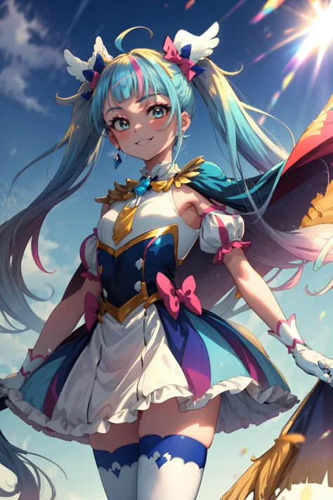 masterpiece,best quality,((SFW)),1girl,cure sky,dress,twintails,gradient hair,ahoge,blunt bangs,head wings,fingerless gloves,white shirt,puffy detached sleeves,cape,thighhighs,blue legwear,gem,single earring,smile,standing,blue sky,sunlight,cowboy shot,<lora:locon_cure_sky_1:0.9>,