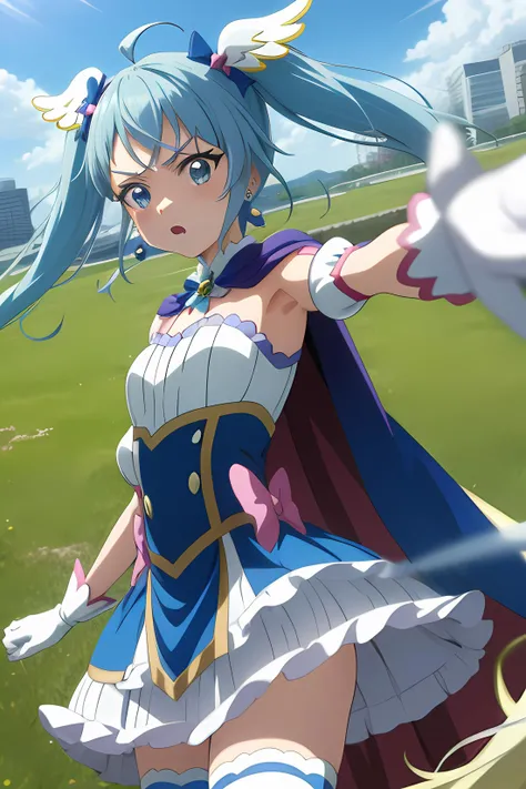 masterpiece, best quality, 1girl, cure sky, dress, twintails, gradient hair, ahoge, blunt bangs, head wings, fingerless gloves, white shirt, puffy detached sleeves, cape, thighhighs, blue legwear, gem, single earring, sleeves, portrait, anime screencap, anime coloring, cowboy shot, dignified, motion blur, looking at viewer, outdoors, grass, skyline, Stand up bravely, Avoid attacks, free hands,