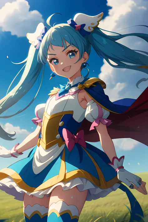 masterpiece, best quality, happy, standing, 1girl, cure sky, dress, twintails, gradient hair, ahoge, blunt bangs, head wings, fingerless gloves, white shirt, puffy detached sleeves, cape, thighhighs, blue legwear, gem, single earring, sleeves, portrait, anime screencap, anime coloring, cowboy shot, dignified, smile, motion blur, looking at viewer, outdoors, grass, skyline, panching,