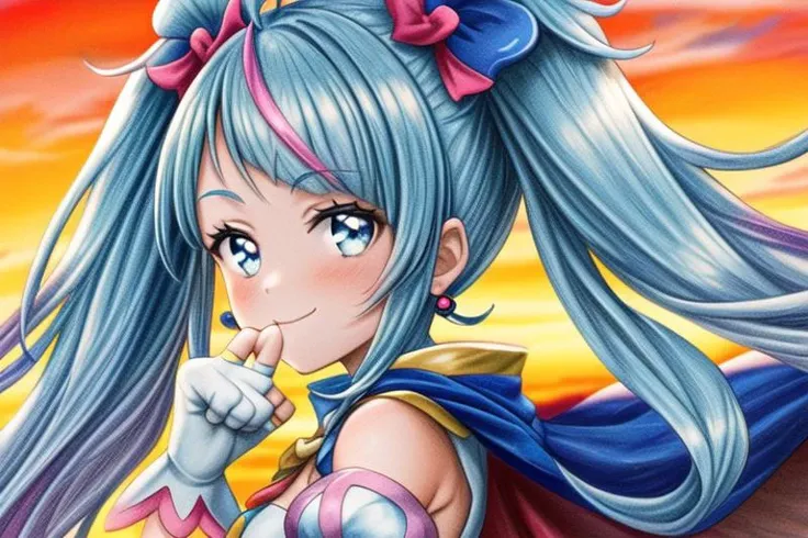 1girl, CURE SKY, DRESS, TWINTAILS, GRADIENT HAIR, AHOGE, BLUNT BANGS, HEAD WINGS, FINGERLESS GLOVES, WHITE SHIRT, PUFFY DETACHED SLEEVES, CAPE, THIGHHIGHS, BLUE LEGWEAR, GEM, SINGLE EARRING, 1girl, solo, upper body, facing viewer, (looking at viewer:1.5), put index finger on mouth, sunset, Residential area,from side,looking at viewer,portrait,nice hands, perfect hands