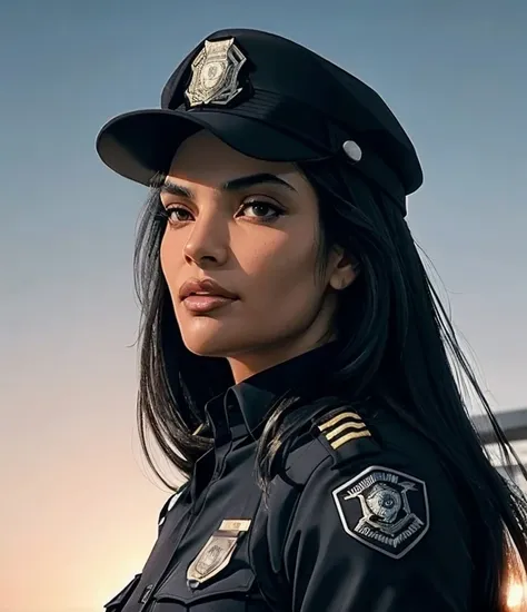 full body photo of Sydeonv1 woman, long black hair, wearing  a police officer uniform, fighting, extremely detailed, intricate detail, fine detail, careful detail, up close portrait, masterpiece, best quality, ultra-detailed   <lora:sydeon1lora:1>