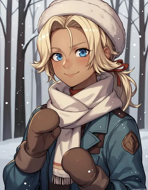 score_9, score_8_up, score_7_up, <lora:EPfeCatherinePony:0.8> EPfeCatherinePony, blonde hair, blue eyes, long hair, ponytail, parted bangs, hair ribbon, dark-skinned female, dark skin, woolly hat, mittens, puffy jacket, snowing, in forest, smiling, looking at viewer, blushing, scarf,