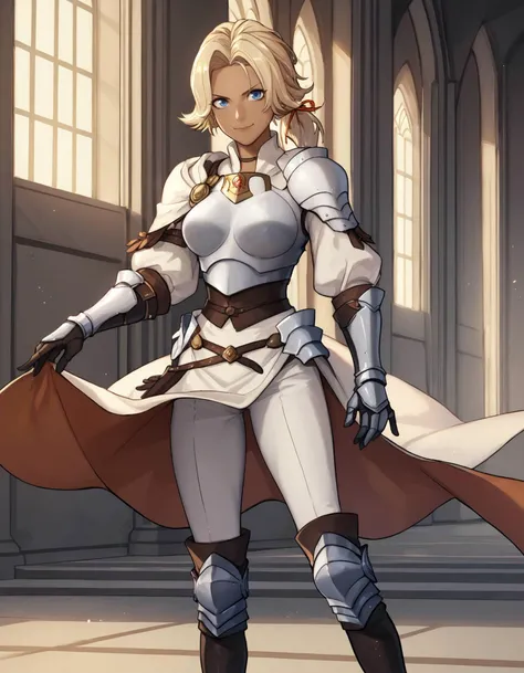 score_9, score_8_up, score_7_up, <lora:EPfeCatherinePony:0.8> EPfeCatherinePony, blonde hair, blue eyes, long hair, ponytail, parted bangs, hair ribbon, dark-skinned female, dark skin, boobplate, boots , breastplate, gauntlets, knee pads , long sleeves, pants , puffy sleeves , shoulder armor, white pants, looking at viewer, smiling, castle in background, cinematic shot, volumetric lighting,