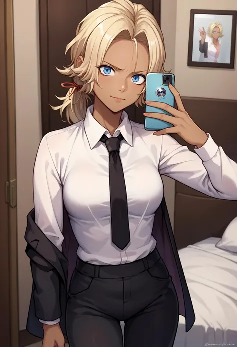 score_9, score_8_up,score_7_up, source_anime, 1girl, solo, <lora:EPfeCatherinePony:1.0>, EPfeCatherine, blonde hair, blue eyes, long hair, ponytail, hair ribbon, dark-skinned female, dark skin, business suit, black pants, white collared shirt, black suit, black jacket, black necktie, selfie, taking picture, mirror selfie, bedroom, bed, mirror,