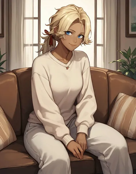 score_9, score_8_up, score_7_up, <lora:EPfeCatherinePony:0.8> EPfeCatherinePony, blonde hair, blue eyes, long hair, ponytail, parted bangs, hair ribbon, dark-skinned female, dark skin, sweater, baggy pants, sitting on chouch, in living room, smiling, looking at viewer,
