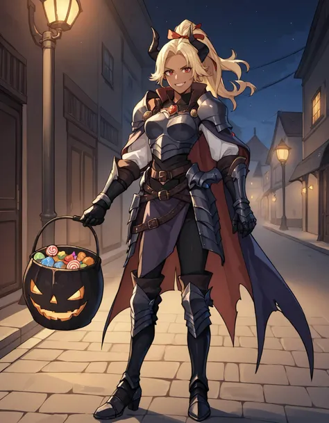 score_9, score_8_up, score_7_up, <lora:EPfeCatherinePony:0.5> EPfeCatherinePony, blonde hair, red eyes, long hair, ponytail, parted bangs, hair ribbon, dark-skinned female, dark skin, black armour, tattered purple cape, bat wings, holding Halloween bucket filled with candy, in street, night, moonlight, looking at viewer, grin, looking at viewer, black gauntlets, black greaves, black horned helmet,