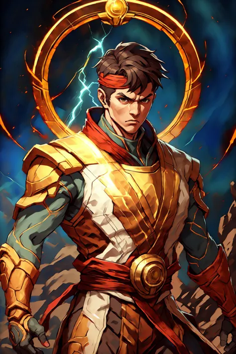 <lora:alt3ryv:0.2> <lora:sfr1v:0.6> <lora:Pr0t0ssECIVIT(1):0.9> sfr1v, red bandana, holding electricity energy ball, ((wearing Pr0t0ssE gold suit))