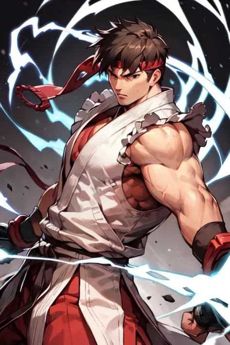 ryu shirtless and with his swords in a very strong heroic pose big strong chest almost naked without clothes showing his big round ass, is