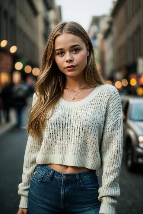 photo of fit (D4r1n4Nik1tin4V2-135:0.99), a beautiful woman, perfect hair, (modern photo), wearing a (long sleeved sweater:1.2) and jeans with jewelry, portrait, 85mm, (analog, cinematic, film grain:1.3), (Interstellar Trading Post, Marketplace with exotic goods, alien species, and diverse intergalactic cultures.), detailed eyes, professional pose, painted lips, (epiCPhoto), (looking at viewer:1.1), jewelry, (cinematic shot:1.3), (natural lighting, lit from above), <lora:add_detail:0.5>