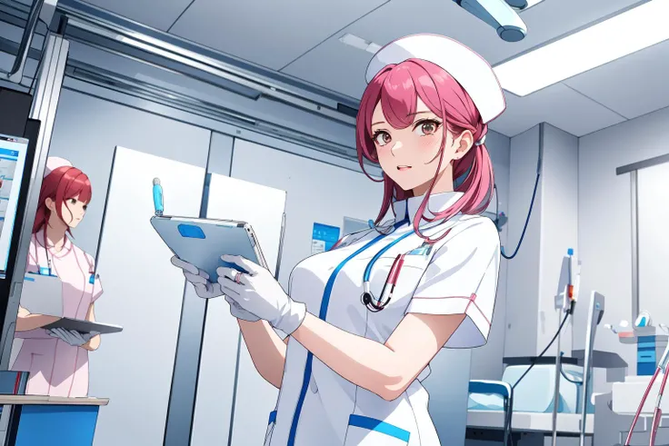master piece, best qualityer, A detailed, Tik, 1girll, Nurse, lowlands, Seductive pose, nurse hat, breast curtains, mitts, ssmile, attentive, compassionate, interaction, friendliness, warmth, hospitals, Medical clinics, Nursing positions, near bed, Physiotherapy room, Medical equipment, supplies, Hospital beds, monitors, drugs, patient, Colleagues, traditional, light blues, Aegis, Background, The frames, medical, clinic, near bed, treatment, equipment, supplies, hospital bed, monitor, drugs, surgical mask, short hair, mediuml breasts, Beautiful brown eyes, décolleté, Large of breast, perspiring, hair, heavy breath, surgical mask, Medical gloves, Lingerie, lowlands, Seductive pose, (Sateen), breast curtains,