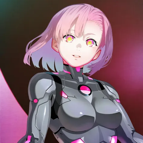 <lora:Atsushi_Ohkubo_Style_1_V_1.1-000001:1>, woman, cyborg suit, large eyes, glowing eyes, pink hair, mosaic background, art by Atsushi Ohkubo