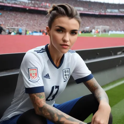 ruby_rose, <lora:RubyRoseXL:1>, Soccer fan girl, (wearing english soccer uniform, sports shoes, wide angle shot, sitting on tribune, in an crowded soccer stadium), ((watching british soccer match)), floating hair, necklace, jewelry, body chain, gold chain, hair ornament, makeup, (very long hair), surrounded by fanatical soccer fans, (masterpiece, best quality, ultra-detailed, best shadow), high contrast, (best illumination), ((cinematic light)), colorful, hyper detail, dramatic light, intricate details, (1 girl, solo) , ultra detailed artistic photography, dreamy, backlit, shadows, ultra high definition, 8k, ultra sharp focus, ultra high quality model, soft lighting, film photography, analogue photography, hyperrealism,, ((perfect eyes, detailed eyes,realistic eyes)), ((sharp face, detailed face, realistic face, naturtal skin, realistic skin, detailed skin, pores))
