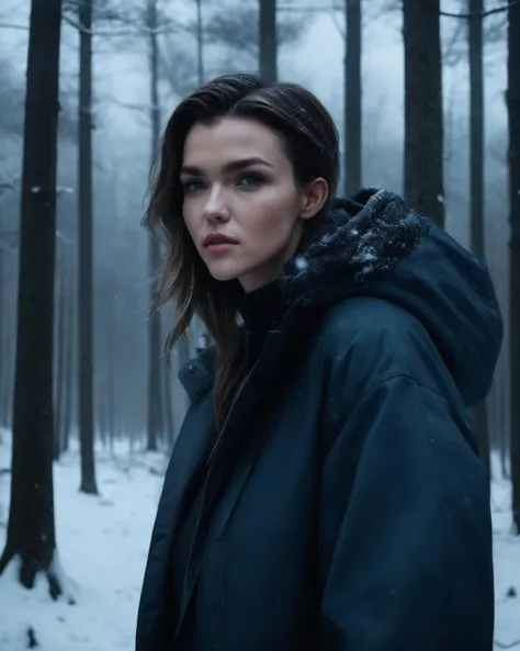 ruby_rose, <lora:RubyRoseXL:1>,A portrait of a scared woman with long hair, wearing a grey parka, black pullover, blue jeans, deep in the woods, dystopian dark forest at (night), winter, snow, nightmare scenery, 24mm, 4k textures, soft cinematic light, RAW photo, intricate, elegant, highly detailed, sharp focus, ((((cinematic look)))), soothing tones, insane details, intricate details, hyperdetailed, low contrast, low key, dim light, dim colors, exposure blend, hdr, faded, ((sharp face, detailed face, realistic face, naturtal skin, realistic skin, detailed skin, pores, detailed eyes,realistic eyes)),