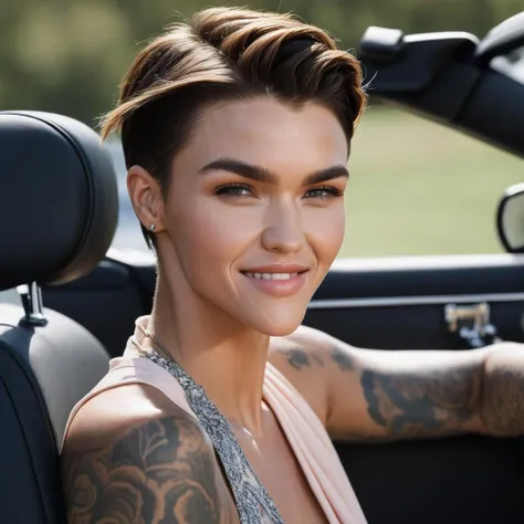 ruby_rose, <lora:RubyRoseXL:0.8>, Woman sitting in cabrio, smiling,wavy hair, windy, realistic, ((perfect eyes, detailed eyes,realistic eyes)), ((sharp face, detailed face, realistic face, naturtal skin, realistic skin, detailed skin, pores))