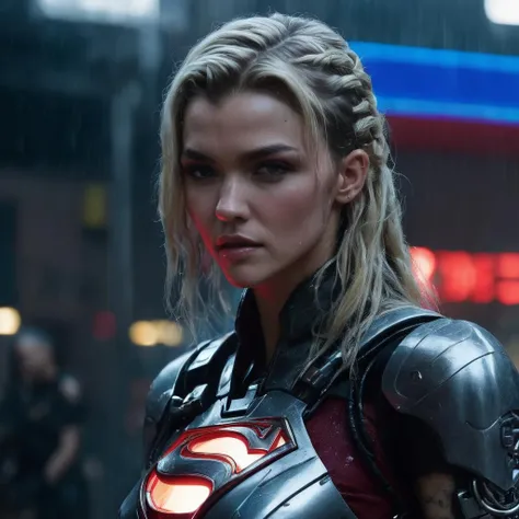 ruby_rose, <lora:RubyRoseXL:0.8>, portrait, supergirl, (( very long blonde hair, hair over eye, hair in face, cybernetic implants, wild hair, floating hair, metal braids, wet hair, wet skin, wet body, soaking wet)), wearing cyberpunk costume with a (robot arm with cybernetic enhancements), dirty, messy, raining, foggy, scratched, torn red cape, dim neon light, noir style, dystopian cyberpunk city at night, red light district, ((perfect eyes, detailed eyes,realistic eyes)), ((sharp face, detailed face, realistic face, naturtal skin, realistic skin, detailed skin, pores))