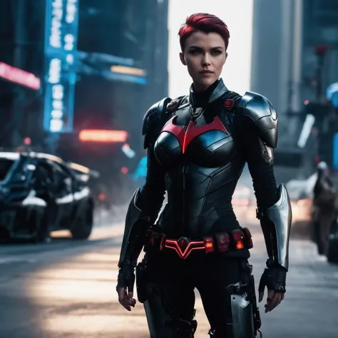 ruby_rose, <lora:RubyRoseXL:1>, batwoman, wearing cybernetic armor with a (robot arm,cybernetic enhancements, cybernetic implants), neon light, (cyberpunk style), dystopian atmosphere, cyberpunk alien city in background, cyberpunk vehicles, ((perfect eyes, detailed eyes,realistic eyes)), (masterpiece, best quality, ultra-detailed, best shadow), high contrast, (best illumination), ((cinematic light)), colorful, hyper detail, dramatic light, intricate details, (1 girl, solo) , ultra detailed artistic photography, dreamy, backlit, shadows, ultra high definition, 8k, ultra sharp focus, ultra high quality model, soft lighting, film photography, analogue photography, hyperrealism,, ((sharp face, detailed face, realistic face, naturtal skin, realistic skin, detailed skin, pores))