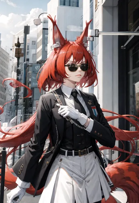 best quality, masterpiece, highres, solo, {flametail_arknights:0.90}, {black business suit:1.40}, {tie:1.20}, {sunglasses:1.25}, {white gloves:1.15}, {white shirt:1.10}, {black skirt:1.15}, {smoking:1.20}, handsome