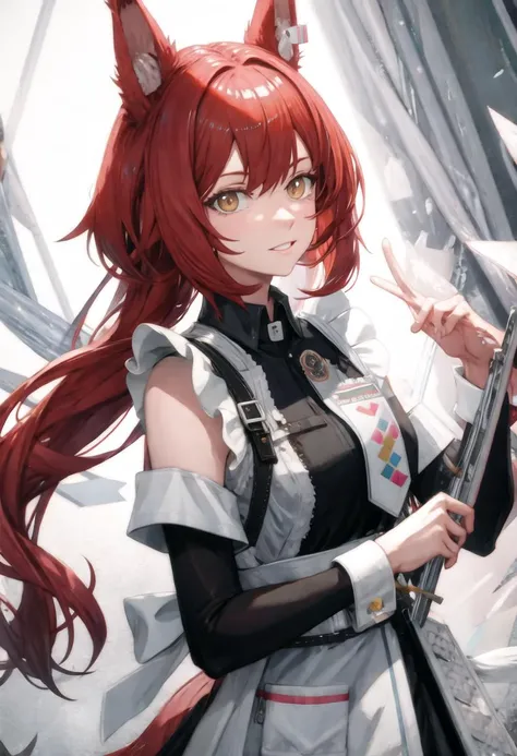 best quality, masterpiece, highres, solo, {flametail_arknights:0.90}, {maid:1.40}, {long maid dress:1.15}
