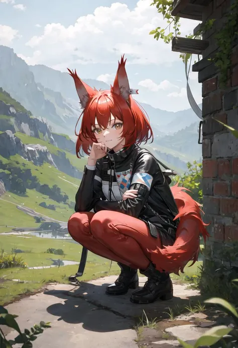 {safe:1.10}, best quality, masterpiece, highres, solo, {flametail_arknights:0.90}, squatting, cowboy_shot, looking at viewer