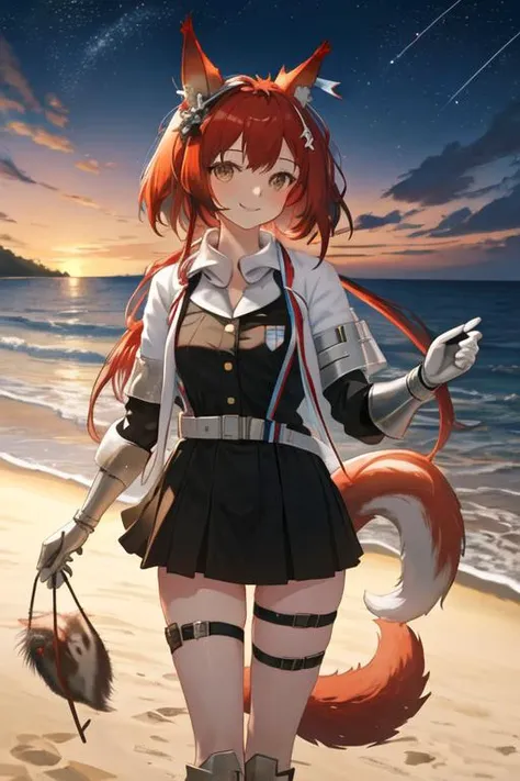 best quality, masterpiece, highres, solo, {night:1.10}, {starry sky:1.10}, beach, beautiful detailed sky, {extremely detailed background:1.20}, {flametail_arknights:1.15}, {standing:1.10}, looking at viewer, {bikini:1.30}, animal_ears, red_hair, squirrel_ears, long_hair, smile, bangs, squirrel_girl, brown_eyes, upper_body, tail, squirrel_tail, light smile