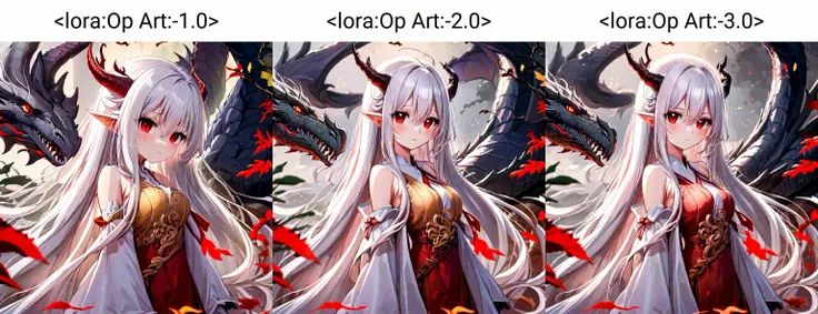 1girl, long hair, white hair, red eyes, dragon horns, long hair, dress, wings,