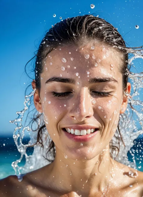 photo of a woman covered with water particles, water splashing face, flowing water, covered with water, <lora:locon_conceptwater_v1_from_v1_64_32:0.6>