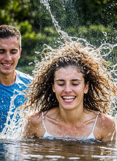 photo of a woman and a man fight using water, covered with water particles, water splashing face, flowing water, covered with water, <lora:locon_conceptwater_v1_from_v1_64_32:0.6>, hair ends with water stream