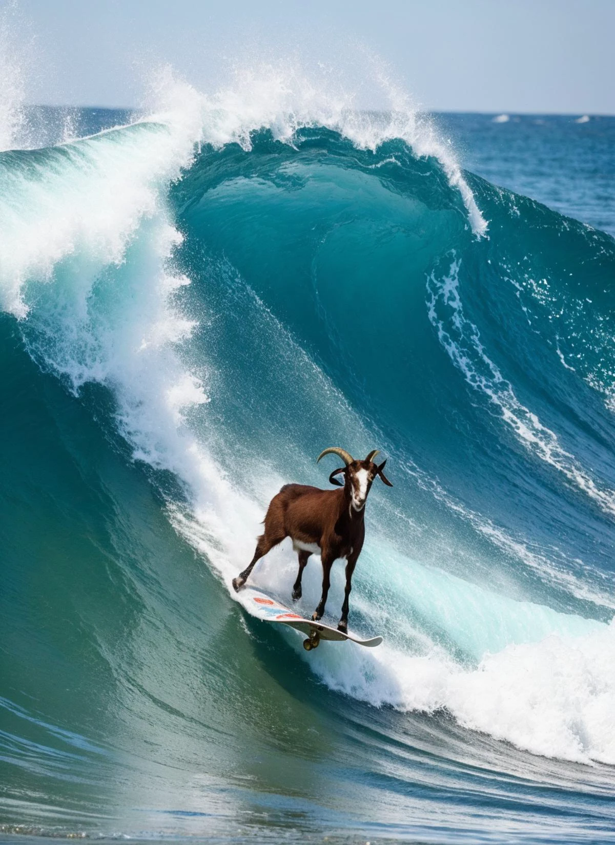 photo of a goat on a skateboard, big wave of water splashing , flowing water, covered with water, <lora:locon_conceptwater_v1_from_v1_64_32:0.6>