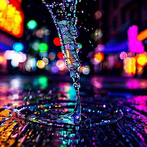 (close up) of a raindrop splashing into a puddle on the city street at night, city street, neon lights from businesses, street lights overhead. <lora:locon_conceptwater_v1_from_v1_64_32:1> splashing