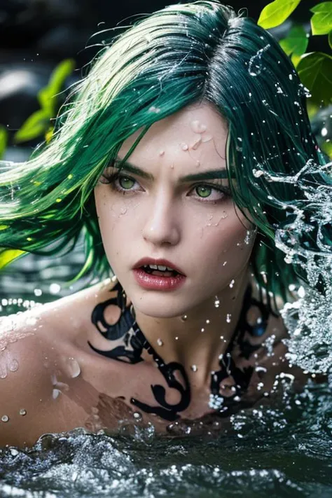 full body photograph of a freightening mermaid, (green hair:1.2), wearing seaweed, kelp top, (tan skin:1.1), (vampire fangs:1.1), (ivy tattoos:1.1), splashing, wtrprsn, water, perfect face, eye contact, perfect hands, threatening expression, action shot, front lighting, Photography, Cinematic Lighting, detailed face, detailed eyes, Detailed, Photorealistic, best quality, 8k, HD, DSLR, Fujifilm XT3, award winning