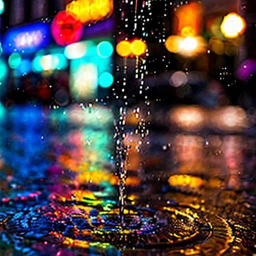 (close up) of a raindrop splashing into a puddle on the city street at night, city street, neon lights from businesses, street lights overhead. <lora:locon_conceptwater_v1_from_v1_64_32:1> splashing