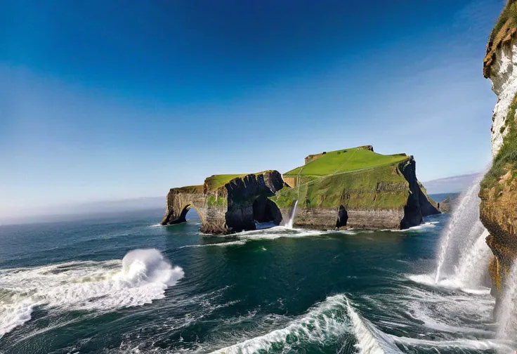 (UHD, photo-realistic, ideal), Aerial Shot of (high, verdant, Irish cliffs:1.2), Irish cob horses galloping along the cliffside, water splashing over them, (rainbow:1.2), (windy, sunny, clear blue sky, Volumetric Light, masterpiece, highly detailed, high budget, Cinematic:1.6), CyberRealistic_Negative, wtrprsn, awesomize, sharp background