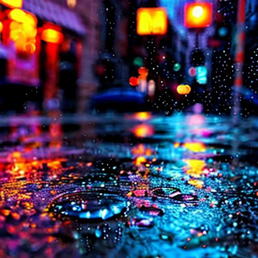 (close up) of a raindrop splashing into a puddle on the city street at night, city street, neon lights from businesses, street lights overhead. <lora:locon_conceptwater_v1_from_v1_64_32:1> splashing