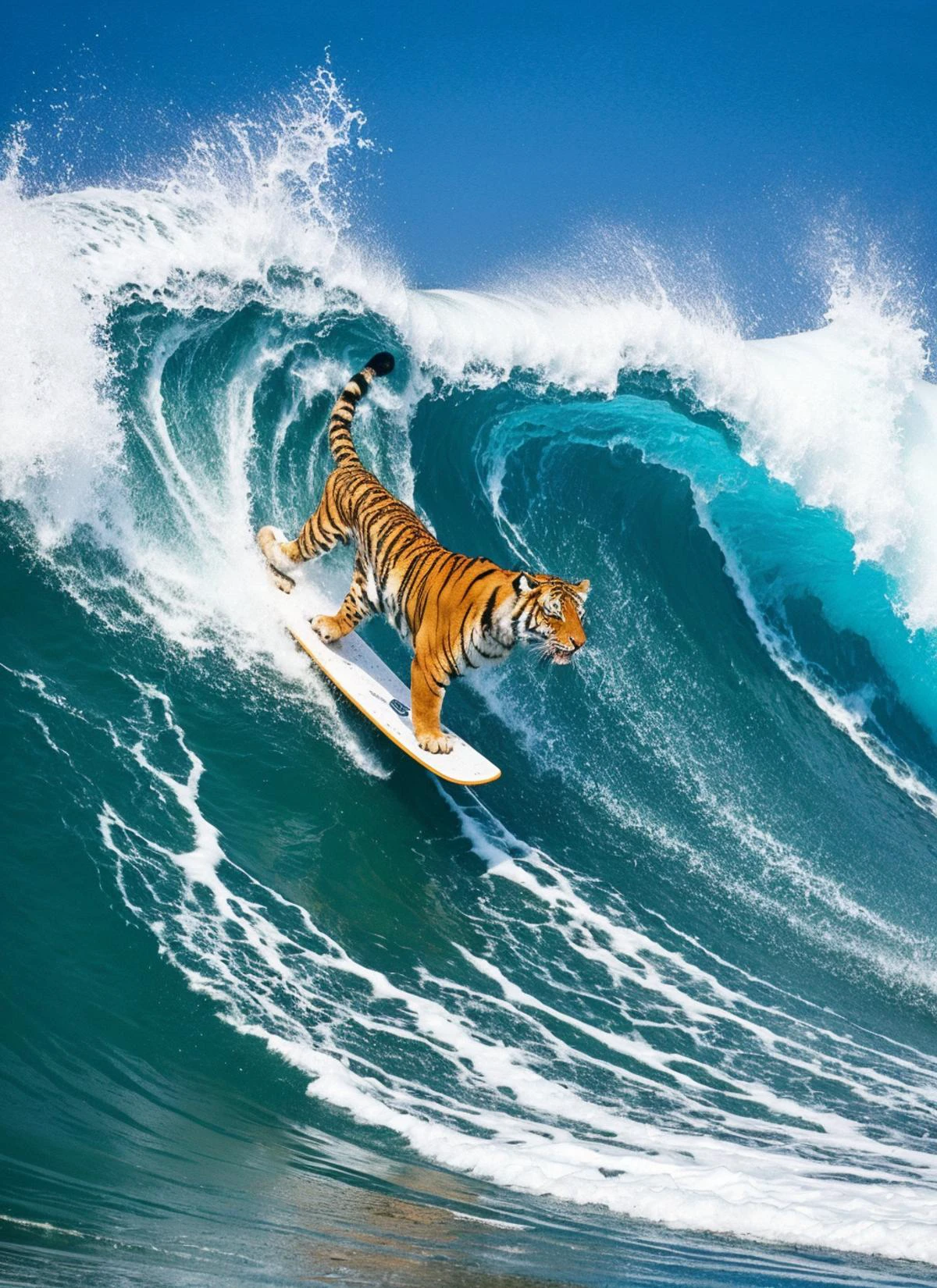 photo of tiger on a skateboard, big wave of water splashing , flowing water, covered with water, <lora:locon_conceptwater_v1_from_v1_64_32:0.6>