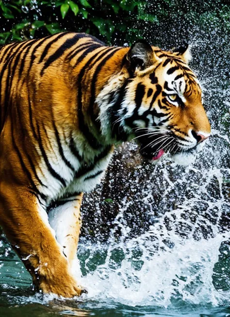 photo of tiger splashing water , flowing water, covered with water,  <lora:locon_conceptwater_v1_from_v1_64_32:1.45>