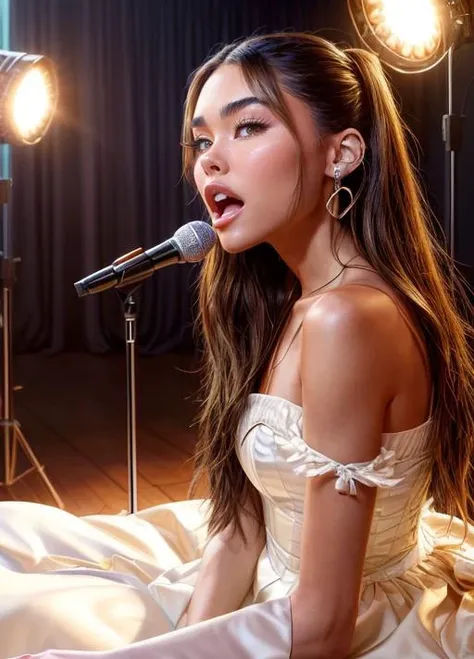 masterpiece, best quality, highest quality, perfect anatomy, perfect face, perfect eyes, 4k, hyper realistic, (detailed skin:1.1), <lora:madisonbeer_smf_lora_01-000003:0.9>, realistic, 1girl, madisonbeer-smf, scenary, singing, people, studio light, princess dress, white dress