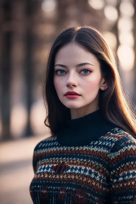 MackenzieF_SoloTI_v1,
Fair Isle knit sweater dress, portrait, 85mm, (analog, cinematic, film grain:1.3), ( Virtual Reality World, Digital realm with vibrant landscapes, floating islands, fantastical creatures, and avatars.), detailed eyes, seductive pose, painted lips,(cinematic shot:1.3), (natural lighting, lit from above),, PA7_Portrait-MCU