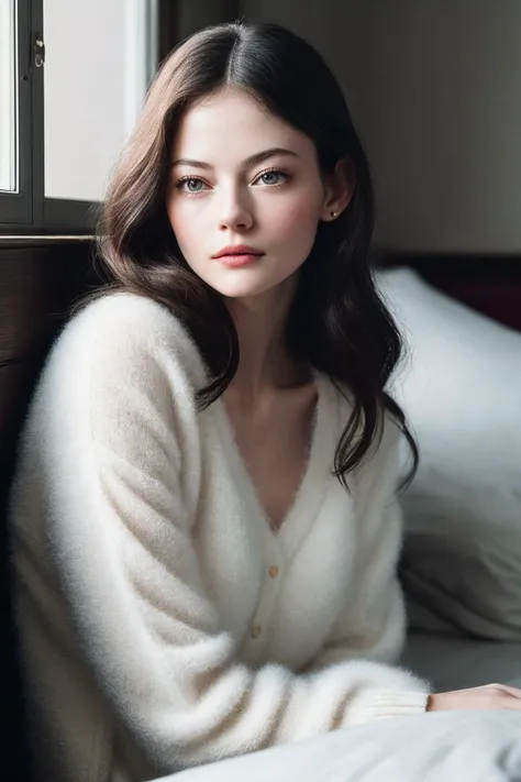 MackenzieF_SoloTI_v1,
(In comfortable loungewear with soft fabrics and relaxed fit, with her hair casually tousled and a serene expression, for a cozy and intimate look),
(A peaceful bedroom, with fluffy pillows and warm lighting, an atmosphere of tranquility and relaxation:1.3),
(seductive:1.3),(analog, cinematic, film grain, hazy atmosphere, cinematic shot:1.3),, PA7_Portrait-MCU