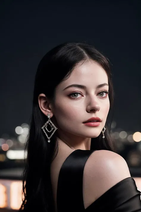MackenzieF_SoloTI_v1,
(In a sleek black satin dress, with sharp diamond earrings, for a cold and unapproachable look), (On a rooftop at midnight, with the city lights glittering below, a stark and isolated ambiance:1.3), (seductive:1.3),(analog, cinematic, film grain, hazy atmosphere, cinematic shot:1.3),, PA7_Portrait-MCU