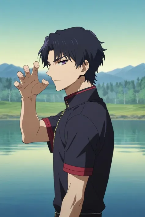 score_9, score_8_up, score_7_up, source_anime, rating_safe, , anime screencap, , official style, looking at viewer, , 1boy, solo, male focus, <lora:guren_ichinose_pony:0.74>, guren_ichinose, black hair, purple eyes, short hair, parted bangs, profile, lake, dark, claw pose, laughing, muscle shirt, cloche hat, <lora:sdxl_lightning_8step_lora:1>