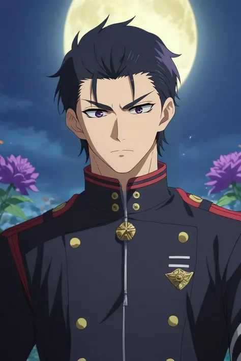 score_9, score_8_up, score_7_up, source_anime, rating_safe, intricate details, anime screencap, , , , depth of field, 1boy, solo, male focus, <lora:guren_ichinose_pony:0.82>, guren_ichinose, black hair, purple eyes, short hair, hair slicked back, bangs, from below, flower field, flowers, night, full moon, (dynamic pose:1.2), :\3, biker costume, <lora:sdxl_lightning_8step_lora:1>