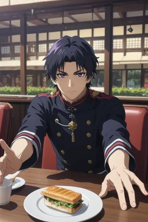 score_9, score_8_up, score_7_up, source_anime, rating_safe, , (3d:0.4), looking at viewer, , 1boy, solo, male focus, <lora:guren_ichinose_pony:0.82>, guren_ichinose, black hair, purple eyes, short hair, parted bangs, rule of thirds, restaurant, day, outstretched arms, squinting, , <lora:sdxl_lightning_8step_lora:1>