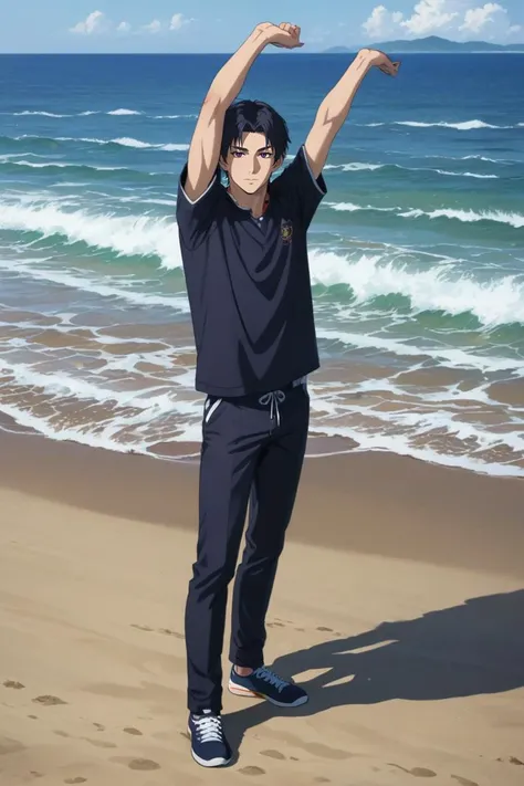 score_9, score_8_up, score_7_up, source_anime, rating_safe, intricate details, (photorealistic:0.6), looking at viewer, , 1boy, solo, male focus, <lora:guren_ichinose_pony:0.8>, guren_ichinose, black hair, purple eyes, short hair, parted bangs, straight-on, full body, beach, ocean, waves, island, day, sunny, stretching, laughing, , <lora:sdxl_lightning_8step_lora:1>