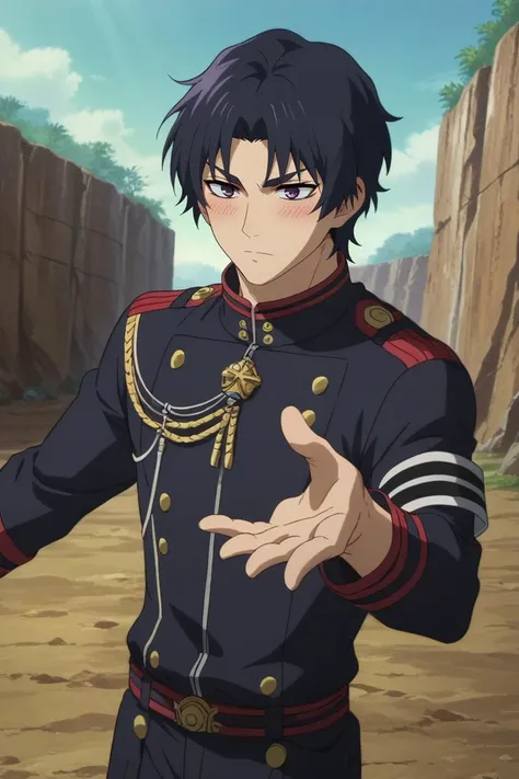 score_9, score_8_up, score_7_up, source_anime, rating_safe, , anime screencap, , official style, , , 1boy, solo, male focus, <lora:guren_ichinose_pony:0.9>, guren_ichinose, black hair, purple eyes, short hair, parted bangs, wide angle, wide shot, cowboy shot, grand canyon, noon, outstretched arms, shy, blush, , <lora:sdxl_lightning_8step_lora:1>