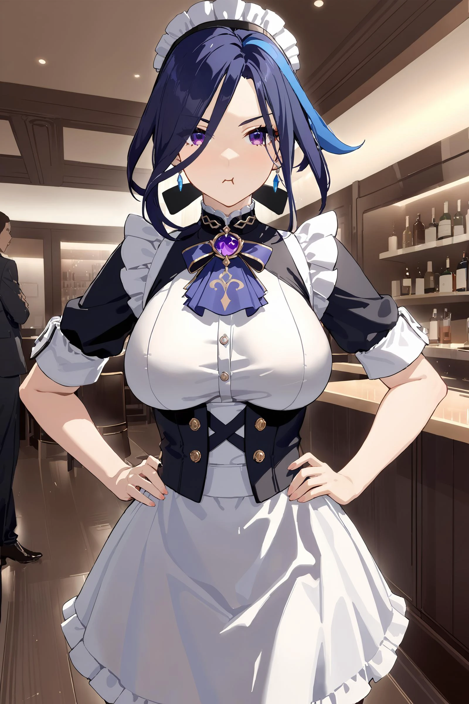 masterpiece, best quality, perfect features, intricate details, ray tracing, newest,(hitenkei, askzy:0.4), 1girl, clorinde \(genshin impact\), solo, maid, maid headdress, maid apron, pout, black pantyhose, hands on hips, looking at viewer, cowboy shot, bar \(place\), indoors, depth of field, milf, mature female <lora:quality1:0:hr=1>, <lora:Char-Genshin-Clorinde-XL-V1:0.9>