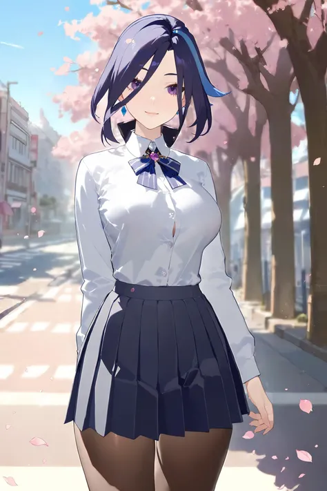 masterpiece, best quality, perfect features, intricate details, ray tracing, newest,(hitenkei, askzy:0.4), 1girl, clorinde \(genshin impact\), solo, school uniform, white collared shirt, sweater, pleated skirt, black pantyhose, light smile, looking at viewer, outdoors, street, cherry blossoms, petals, depth of field <lora:quality1:0:hr=1>,  <lora:Char-Genshin-Clorinde-XL-V1:0.9>