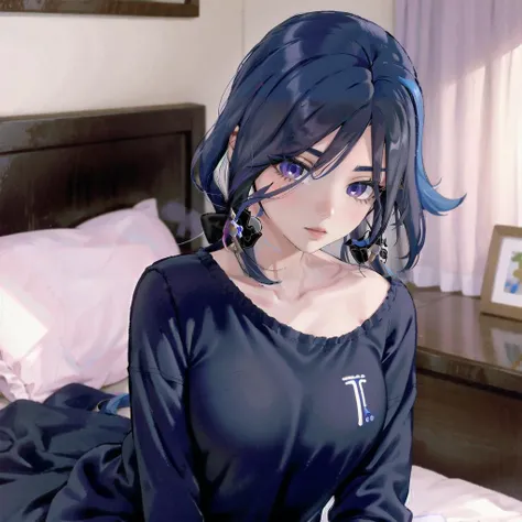 1girl, clorinde \(genshin impact\), long dark blue hair with a lighter blue streak styled in a low ponytail expressionless, sleepwear attire, lying, blush, indoor, bedroom detailed