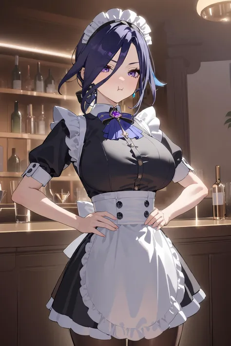 masterpiece, best quality, perfect features, intricate details, ray tracing, newest,(hitenkei, askzy:0.4), 1girl, clorinde \(genshin impact\), solo, maid, maid headdress, maid apron, pout, black pantyhose, hands on hips, looking at viewer, cowboy shot, bar \(place\), indoors, depth of field, milf, mature female <lora:quality1:0:hr=1>, <lora:Char-Genshin-Clorinde-XL-V1:0.9>