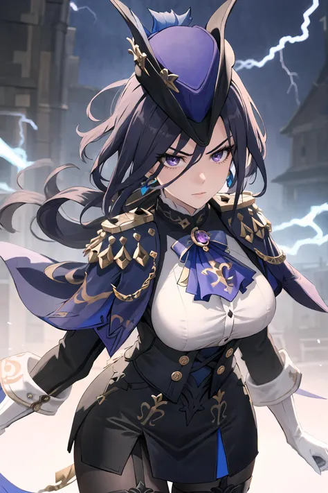 1girl, clorinde \(genshin impact\), tricorne, black pantyhose, earrings, blue cape, white gloves, pencil skirt, white shirt, thigh strap, underbust, ascot, black jacket, depth of field, cowboy shot, lightning, electricity, combat pose, incoming attack, glaring, looking at viewer, masterpiece